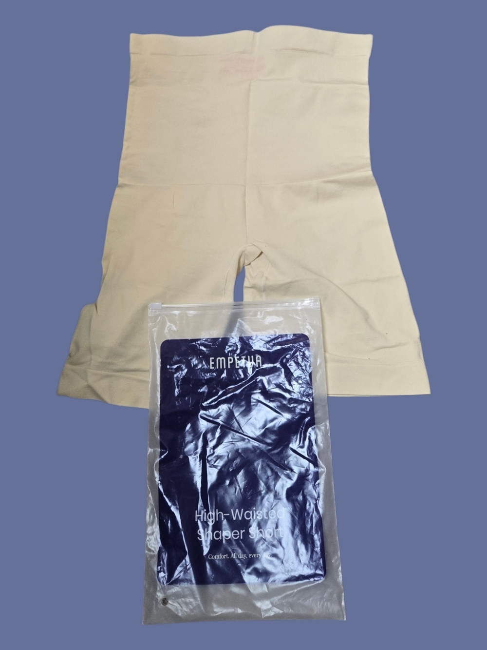 Shapermint High-Waist Shaper Shorts in Beige with Navy Packaging